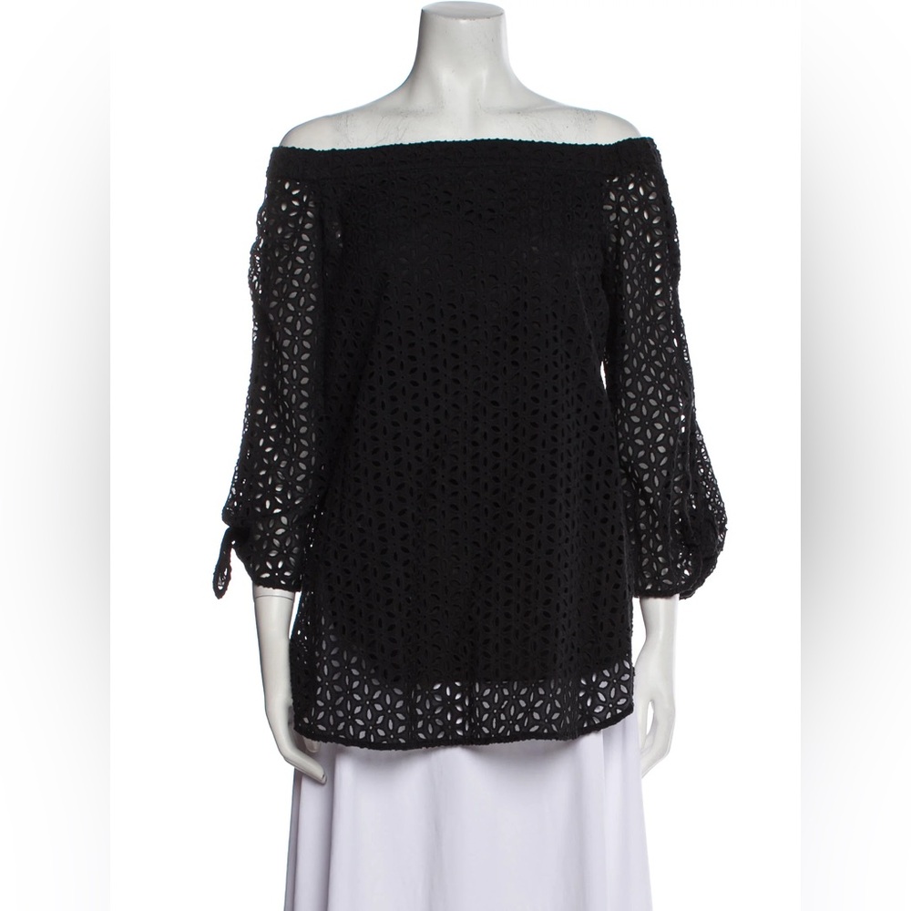 NWOT Tibi Black Eyelet Off Shoulder Three Quarter Sleeve Blouse US 2